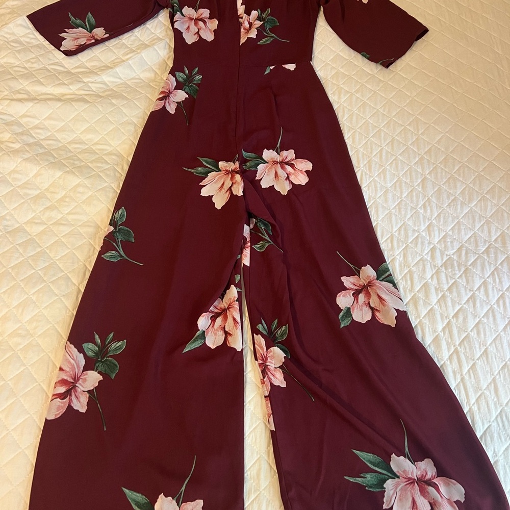 Lush Red and Pink Floral Jumpsuit with Wide-Leg Design